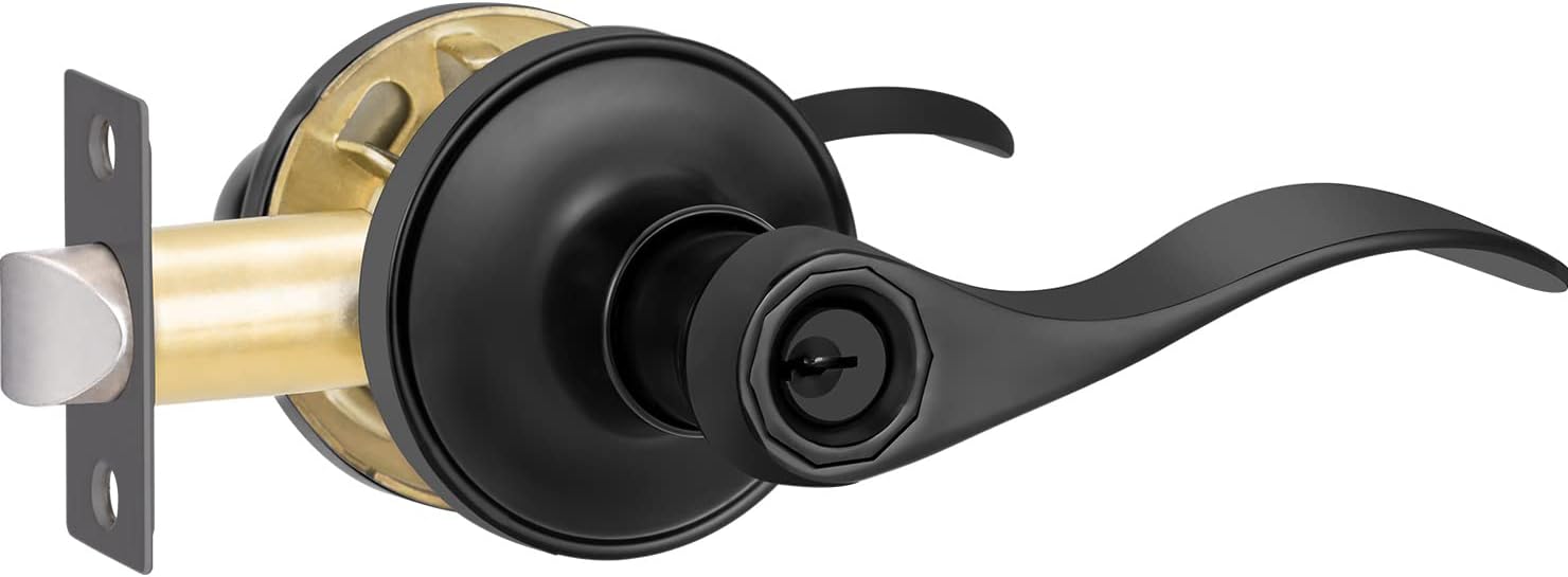 1 Pack Entrance Door Handle, Matte Black Reversible Door Lever Perfect for Interior Door and Closet, Traditional Wave Style Keyed Entry Door Lock - Keyed Alike 1 Pack Entrance with keys - KeyAlike Matte Black