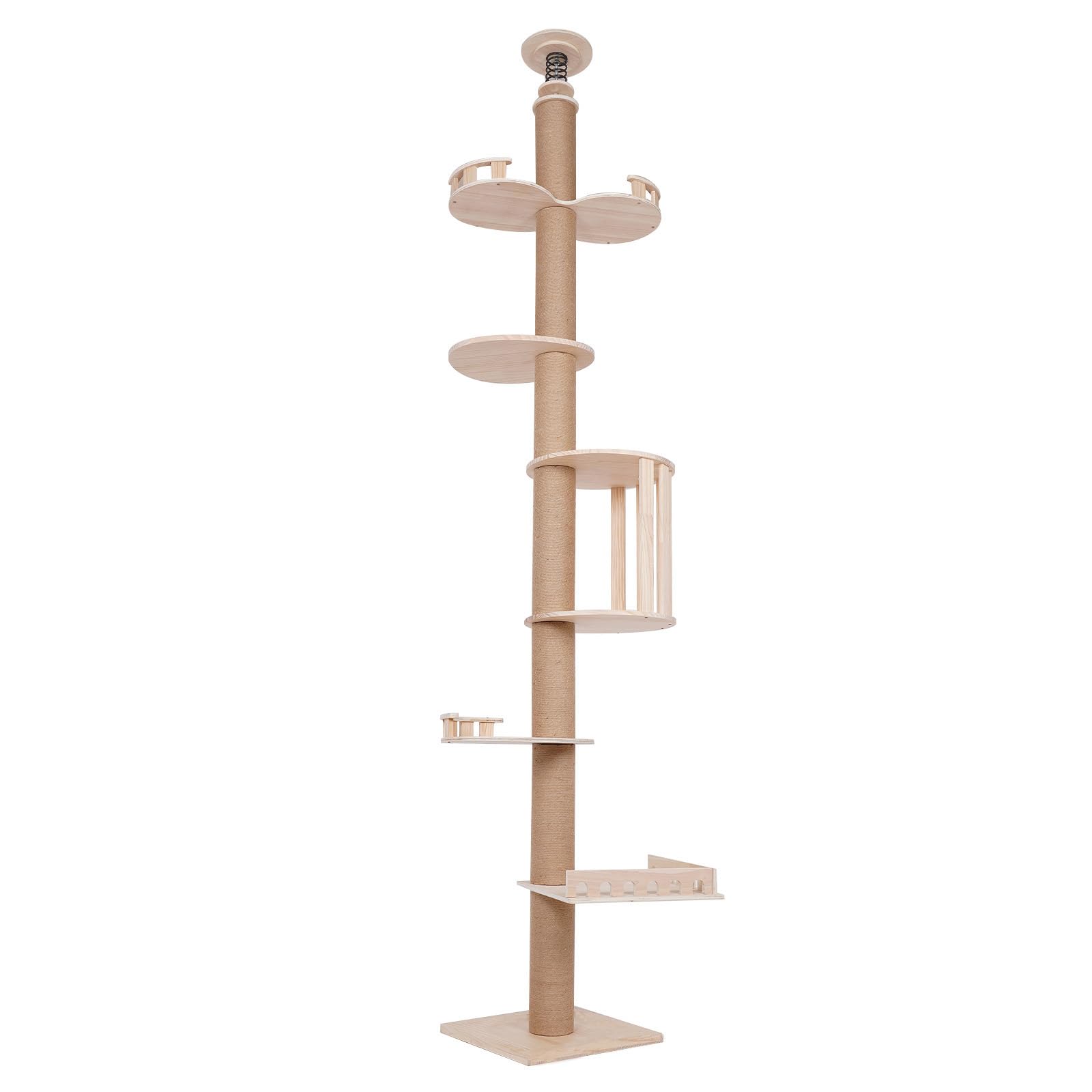 Florchest 105-InchTall Large Cat Tree, Log Color Multi-Level Tower for Cat, Wood Cat Climbing Frame with Grab Pillars, Wide Platforms, and Wooden