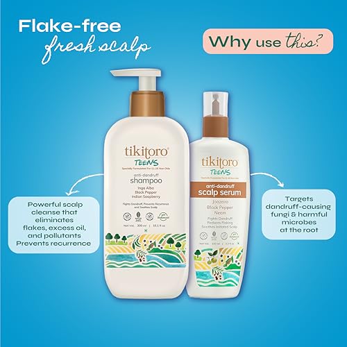 Image of Tikitoro Teens Anti-dandruff Shampoo and Scalp Serum Combo | Cleanses Scalp and Fights Dandruff Causing Fungi | All Scalp Types | No Parabens & Sulphates (Age: 11+) (300ml x 1 and 100ml x 1)