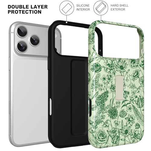 Image of Magnetic for iPhone 17 Pro Case with Finger Strap Kickstand [Compatible with Magsafe] Cute Flower Floral Pattern Design, Dual-Layer Shockproof Protective Cover for Women Men, Green