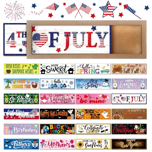 Barydat 25 Pcs Interchangeable Seasonal Decor Interchangeable Welcome Sign with a Wood Frame Seasonal Wooden Welcome Sign Holiday Table Decor for Independence Day Halloween Christmas Decoration