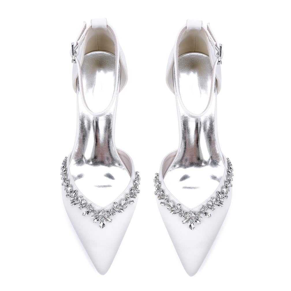 Scarpe da Sposa Eleganti con Tacco Medio, Punta Affusolata, Decorazioni in Cristallo, Cinturino alla Caviglia, Bianco/Avorio Satinato Scarpe col Tacco da Sposa Comode
