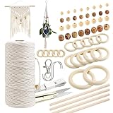 227pcs Macrame Kits 3mm 115yards Wall Hanging Natural Cotton Macrame Cord with Wooden Beads & Rings Wooden Sticks, Metal S-hooks Supplies for Hanging Plant Hand Tassel weaving