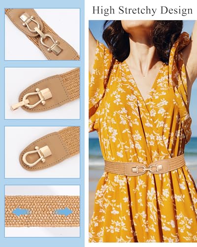 Kajeer Women Belt Elastic Waist, 2 Pcs Women Straw Belt Metal buckle Breathable Boho Braided Belt for Dress Casual2