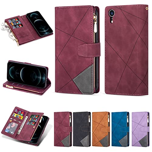 Étui en Cuir PU iPhone XR Finition Haute Couture Couleur Lie de Vin avec Emplacement Carte