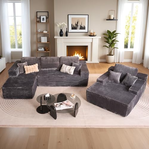 Image of HOOOWOOO Cloud Sectional Couches for Living Room,Modular Sectional Sofa No Assembly,Plush Corduroy Large Floor Couch Furniture Set with Deep Seat Left L Shape and Chaise Lounge(Gray)