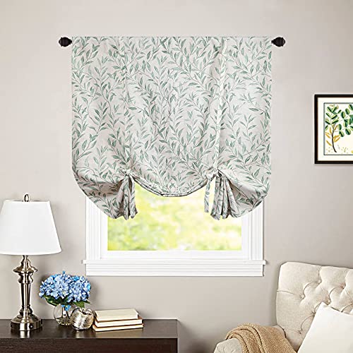 Vogol Tie Up Window Shade Rod Pocket Panel, Lovely Leaf Print Curtains For Kitchen Windows 63 Inch Length Curtain Panels For Bathroom Small Cafe, Green #TOP1