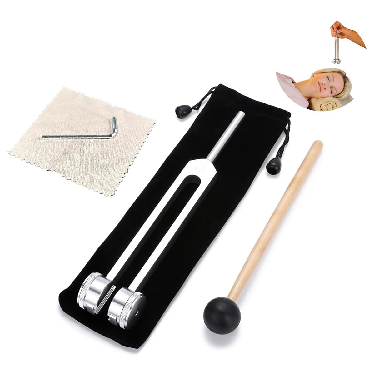 HASTHIP® Tuning Fork 128Hz, Aluminum Alloy Tuning Fork for Acoustic Testing, Healing and Sound Therapy 128Hz Low Frequency Tuning Fork Set with Rubber Hammer, Wrench Tool, Storage Pouch