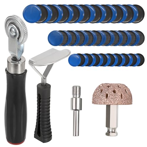 Image of OwnMy 60+3PCS Tire Patch Repair Tools Kit, Tire Patch Kit for Car Bike Motorcycle Truck, Includes 60PCS Tire Patches (1.4 inch /1.6 inch /2.2 inch), Repair Buffer Wheel, Tire Patch Roller, Inner Liner Scraper