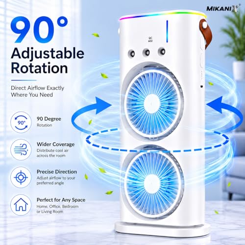 Image of MIKANIX Dual Fan Air Cooler with Mist Spray | Portable Cooling Fan, 90 Oscillation, Remote Control, RGB Ambient Lighting | USB Powred for Home, Office & Bedroom, 5 Years Warranty