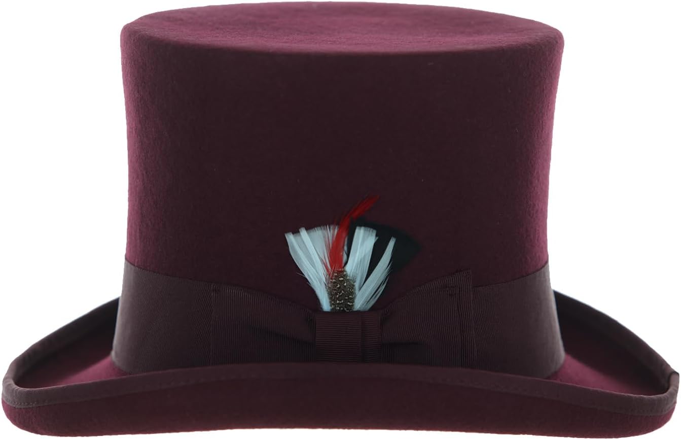 Ferrecci Wool Felt Top Hat /18 Colors/with Grosgrain Ribbon and Removable Feather- Unisex, Men, Women