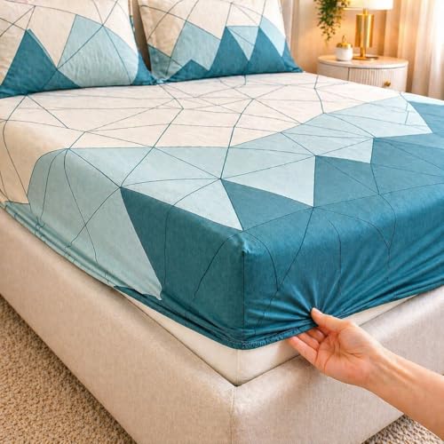 Image of Castiqa Elastic Fitted Supersoft Premium GlaceCotton 200TC King Size Bedsheets with 2 Pillow Covers (Fits Upto Mattress of 8 Inches) (Queen (60x78), Aqua S)