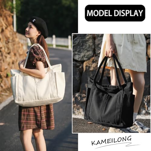 Large Canvas Tote Bag with 2 Front Pockets Carryall Laptop Bag Heavy Duty Everyday Shopping Bags2