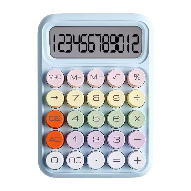 Image of Colorful Candy Mechanical Calculator - Cute 12 Digit Large LCD Display, Big Round Button, Easy to Press - for School, Office, Business, Home - Automatic Sleep (Multi-Color)