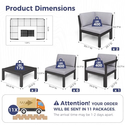 Image of Modular Outdoor Patio Conversation Set, 11-Piece U-Shaped Sectional Sofa Set with Coffee Tables & Thick Cushions, Easy Side Interlock, HIPS All-Weather Patio Furniture Set for Backyard, Deck, Poolside