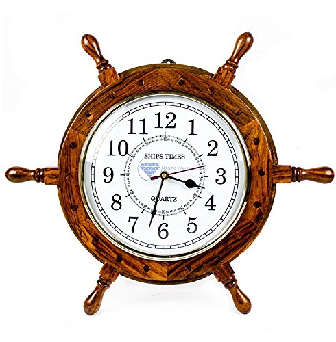Nagina International Orologio da parete in legno con timone nautico realizzato a mano, con orologio al quarzo, decorazione per la casa dei pirati (30,5 cm, quadrante bianco)