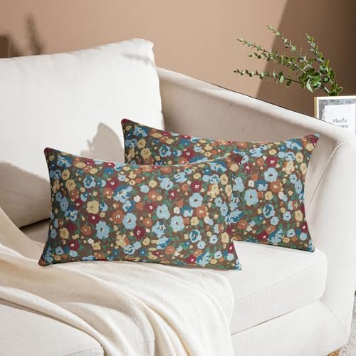 Vintage Embroidery Floral Pillow Coveres 12x20 for Sofa Couch Chair Bedroom Living Room,Jacquard Brown Square Decorative Throw Pillow Covers