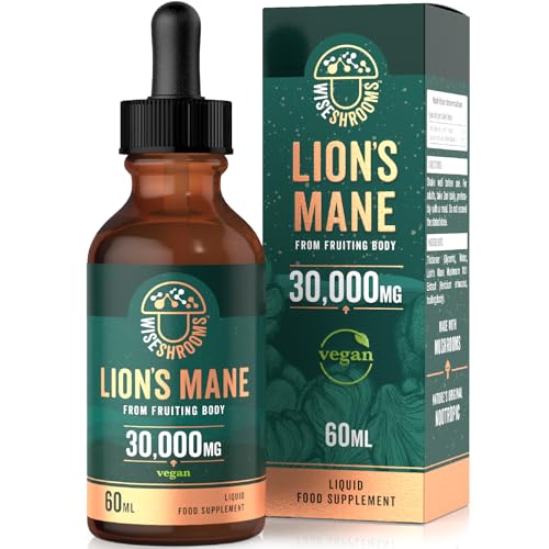 Lions Mane Supplement Liquid Drops 30,000mg | High Strength Lions Mane | from Fruiting Body | 60ml Bottle - Vegan | Wiseshrooms