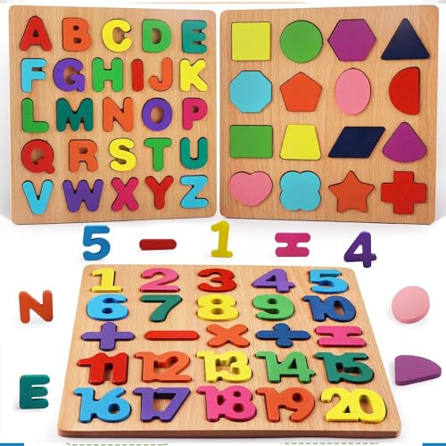 Image of Kidology Wooden Puzzles for Toddlers for Kids Preschool Learning Toys, Wooden Montessori Toddler Puzzles Wooden Alphabet, Number, Shape Puzzles for Kids 2-4 Years Old (Wooden Puzzle - 3Pcs)