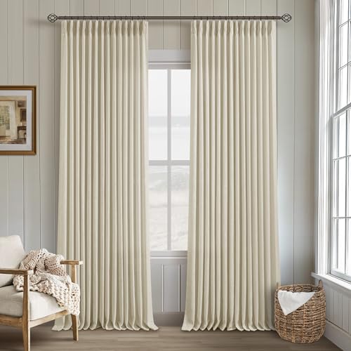 Image of Beige Linen Pinch Pleated 120 Inch Curtains 2 Panels for Living Room Bedroom Memory Training Shape Semi Sheer Neutral Flax Pinch Pleat Drapes with Hooks Rings Light Filtering Window Curtain 40x120