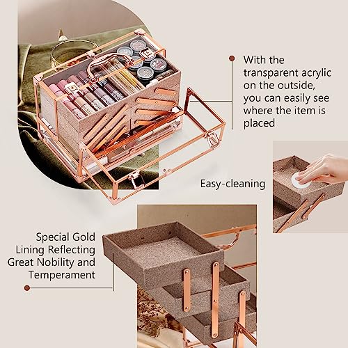 FRENESSA Makeup Train Case 11.8 Inch Acrylic Large 6 Tray Large Makeup Organizer Case Portable Cosmetic Storage Box for Makeup Artist Jewelry Nail Kits Crafts Beauty Makeup Display Case Rose Gold