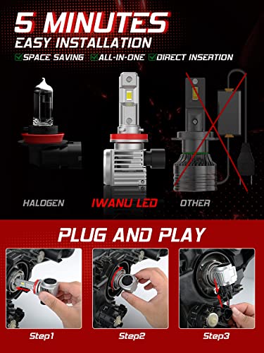 Iwanu H11/H9/H8 Led Headlight Bulbs,2023 Upgraded Wireless H11 Led Bulb Halogen Replacement,600% Brighter 22000Lm 6000K Cool White,Canbus Ready, Plug And Play, Pack Of 2 #TOP4