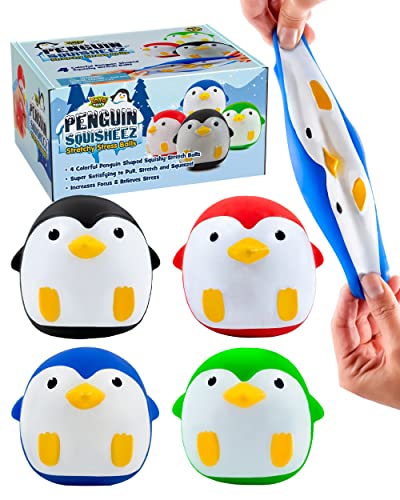YoYa Toys Penguin Squisheez Squishy Stress Relief Balls (Set Of 4) | Stretchy Fidget Animal Shaped Toys For Boys, Girls & Adults | Sensory Stretch Penguin Squeeze Toy | Great For ADHD, Autism, Anxiety