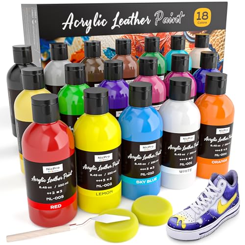 Nicpro Juego de pintura acrílica de cuero de 18 colores, 8.4 onzas/250 ml para zapatos, bolsos, muebles de cuero, chaquetas, asientos de coche, carteras, pintura de tenis para manualidades de cuero,