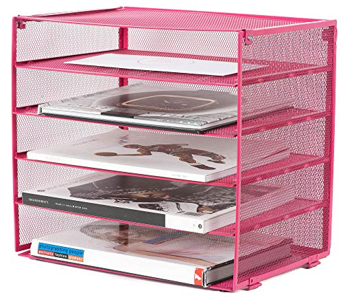 Klickpick Office 5 Tier Stackable Heavy Duty Metal Desktop Letter Tray File Organizer Sorter Desk Document Organizer Shelf Tray Magazine Holder Paper File Newspaper Organizer Tray - Pink