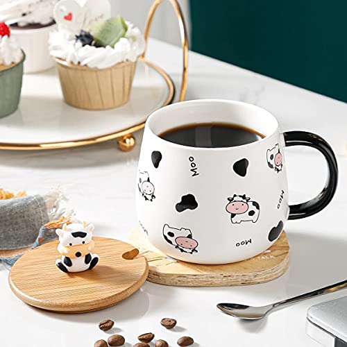 Arawat Cute Cow Coffe Mug With Lid And Spoon Cow Print Stuff Gifts 400Ml Ceramic Tea Coffee Cup Kawaii Cow Mugs Funny 3D Animal Cow Mug Birthday Gifts For Women Girls Kids Cow Lovers #TOP4
