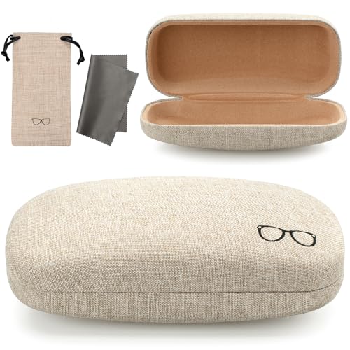Vemiss Hard Shell Sunglasses Case, Large Linen Fabric Protective Glasses Case for Men Women, Durable (Large Khaki)