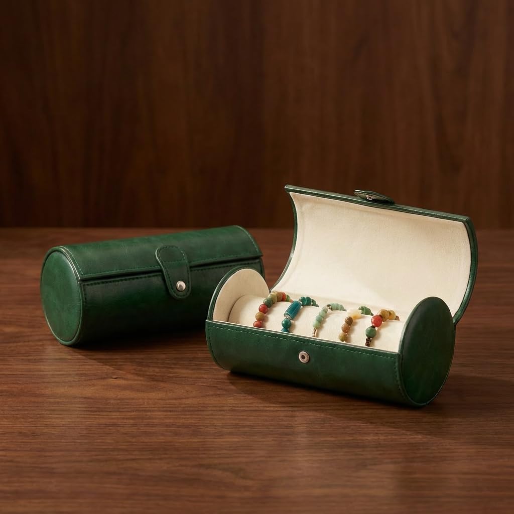 Jewelry Box for Bracelets – Vintage Leather Cylindrical Bangle Box Large Capacity Organizer for Cuffs, Bead Bangles, Travel Storage Case