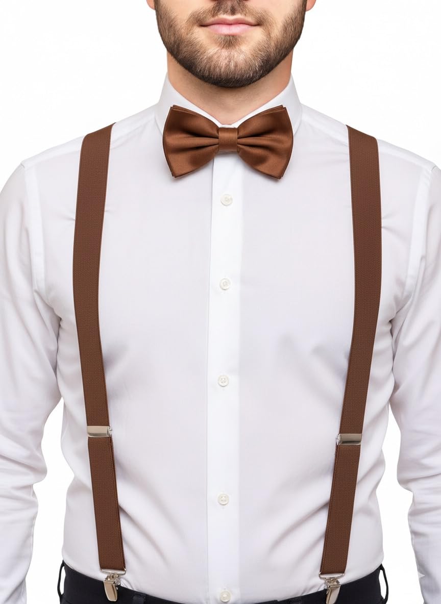 Suspenders and Bowtie Set for Men Women Adults - Adjustable Elastic Y Back Style Suspender Bow Tie (Brown Set)