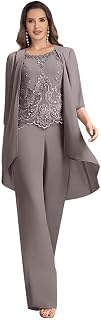 3 Pieces Mother of The Bride Pant Suits for Wedding Party Lace Chiffon Pant Suits Dressy for Women Evening