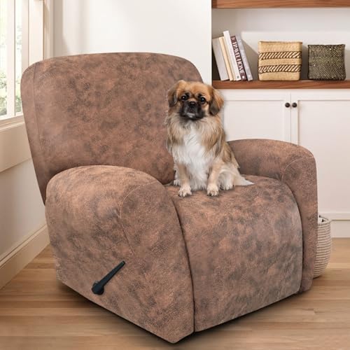 Image of ANARACHON Recliner Chair Covers Leather Look, 4 Pieces Recliner Covers Non Slip, Soft Slipcovers for Large Recliners, Furniture Protector Washable for Pets (1 Seater, 03 Light Brown)