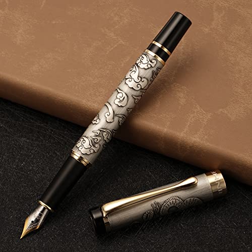 Jinhao 5000 Vintage Luxurious Metal Fountain Pen Beautiful Dragon Texture Carving, Ancient Gray Colour #TOP5