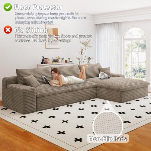 Image of 107 inch W Cloud Couch Modular Sectional Sofa for Living Room, L-Shape Boneless Couch with Deep Seat, Modern Corduroy 3-Seater, No Assembly Required (Camel,Right-Facing Chaise)