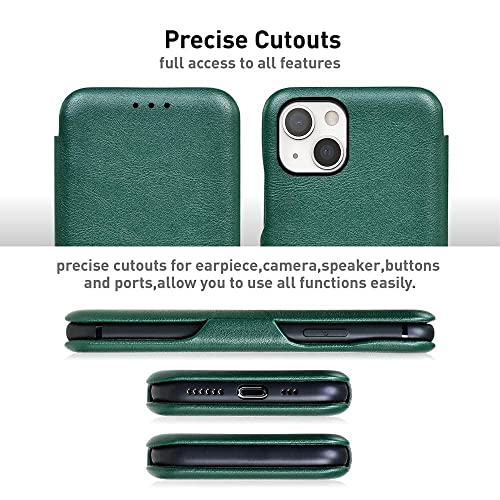Image of PULOKA for iPhone 14 Plus - Sleek Flip Case - Premium Vegan Leather Phone Cover with Card Slot - Slim, Durable, Privacy Protection - Kickstand Function - Elegant Flip Wallet Cases for Apple - Green