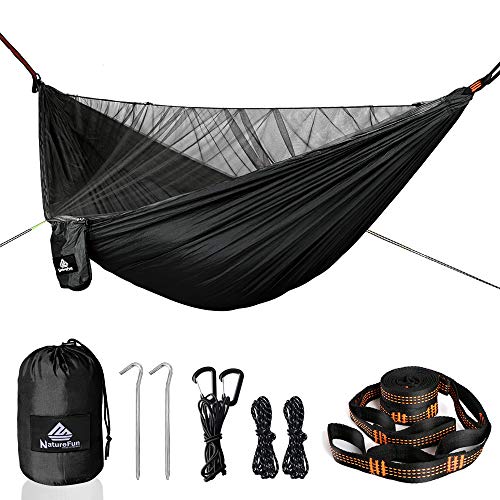 NATUREFUN Travel Bug Net Camping Hammock | 300kg Load Capacity,(290 x 140 cm) Breathable,Quick-drying Parachute Nylon | 4 x Premium Carabiners,3 x Nylon Slings,2 guyline ropes,2 ground nails Included