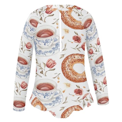 Bagel and Tea Girls Swimsuit One Piece Rash Guard Girls' Swimwear Long Sleeve Swimsuits for Girl Size 3-12T