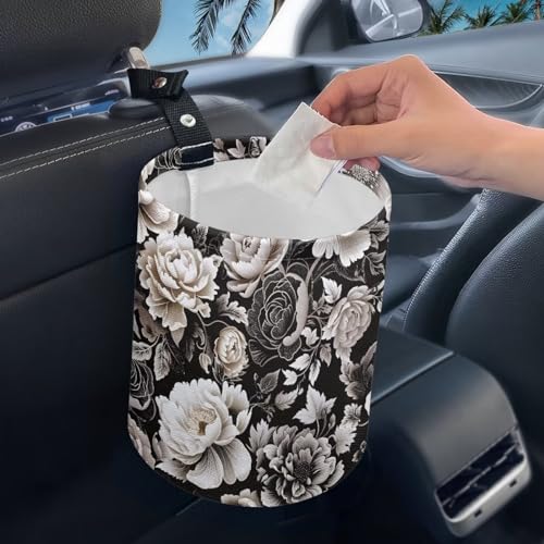 Image of Car Trash Can - Black and White Flowers Printing Garbage Bin Decoration for Car Interior, Front Seat, Back Seat, Floor, Headrest - SUV, Trucks