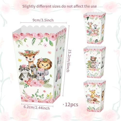 Image of JeVenis 12 PCS Pink Jungle Animal Popcorn Boxes Treat Bags Safari Animal Candy Goodie Bags for Wild One Safari Baby Shower Birthday Party Favors
