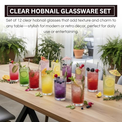 Image of 12-Piece Hobnail Drinking Glasses Set, 12 oz Large Vintage Highball Glassware with Straws, Heavy Textured Beaded Tall Tumblers for Water, Juice, Soda & Cocktails, Clear Retro Barware, Dishwasher Safe