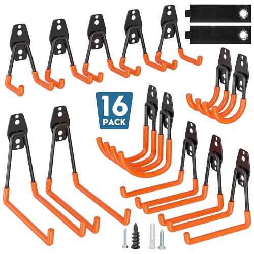 BONTEC 16-teiliges Garagen-Wandhaken-Set, U- und J-Typen, rutschfeste PVC-Beschichtung, max. Traglast 439 kg (Holz/Ziegel), 188 kg (Trockenbau), Fahrradhalterung Wand, Schwerlasthaken Garage, Orange