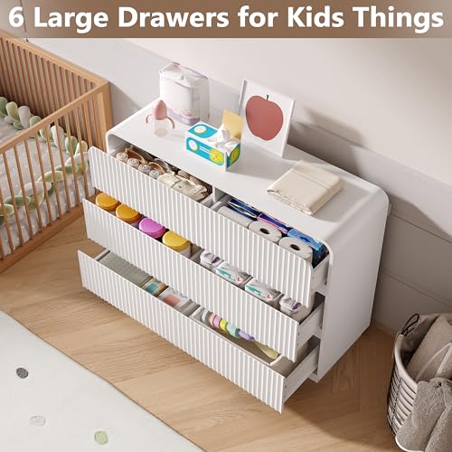 Image of BORNOON Dresser for Bedroom with 6 Drawers, Fluted Chest of Drawers with Round Curved Corner, Hidden Handles, Modern Wood Storage Organizer for Bedroom, Nursery, Living Room