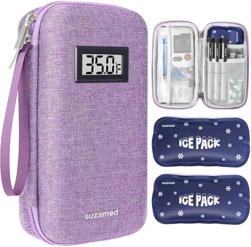 suzamed Insulin Cooler Travel Case EVA Insulation Travel Medicine Kit with Temperature Display for Diabetes Care Insulin Pen and Other Diabetic Supplies (Purple-Temp)