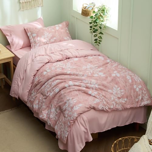 Image of Bedsure Floral Pink Comforter Set, Twin-XL Bedding Sets, Dorm, 5 Piece | Bed in a Bag, Bedroom, Dorm Room，Reversible, Fluffy, Whisper-Quiet, All-Season, Polyester, Easy Care, Botanical-Chic, OEKO