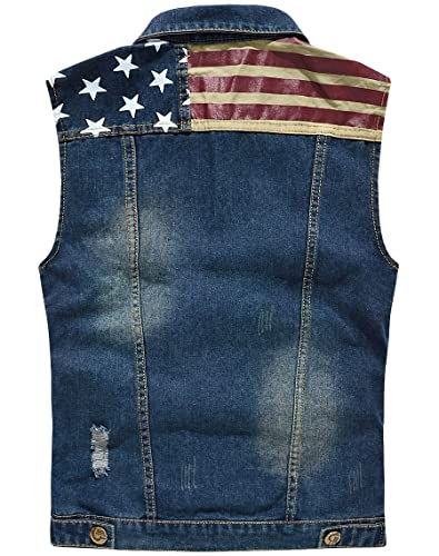 Image of ebossy Men's Ripped Distressed Denim Vest Sleeveless Button Up Jean Vest Jacket (X-Small, Flag-blue)