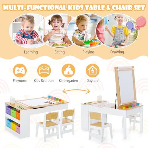 Image of GLACER Kids Table and Chair Set, 3 in 1 Wood Arts and Crafts Activity Table w /Paper Roller, Paint Cups & 6 Storage Bins, Children's Playroom Classroom Furniture, Toddler Table and Chair Set