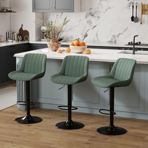 Image of Youhauchair Adjustable Faux Leather Bar Stools Set of 3, Green | Swivel, Counter Height, Back & Footrest, Armless, PU, Modern, Kitchen Island Stool, Upholstered Dining Room Chair